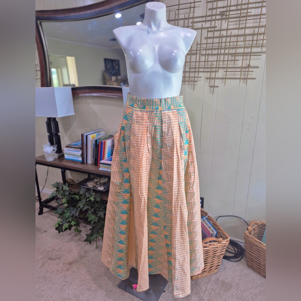 Peach and Teal Pleated Long A-line Skirt Modest Aztec Southwest Print